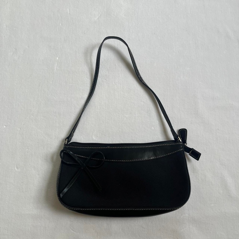 black mini shoulder bag bow plaid lining canvas faux leather